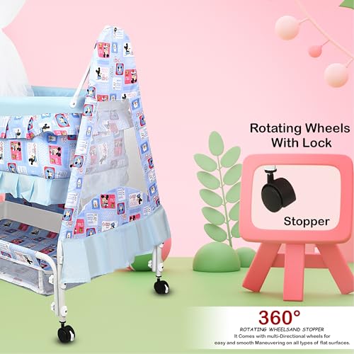 Image of New Born Baby Soft Seat Cradle with Swing and Mosquito Net, Four Wheels with Brake Lock for Swing Cradle /Jhula /Palna /Bed /Baby Safe for 0-2 Years(Sky Blue)