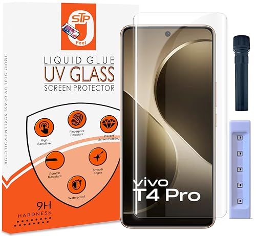 Image of STP FEEL Advanced UV Tempered Glass Screen Protector Guard Compatible For Vivo T4 Pro 5G (6.77 Inch, Pack of 1) Full Adhesive UV Curved Case Friendly HD Clarity with easy installation kit