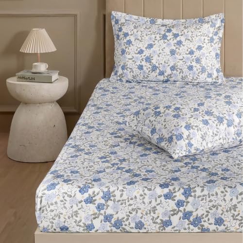 Image of Home Elegance from House of Mytrident | Linen Feel Bed Sheet for Double Bed King Size with Two Pillow Covers | Ultrasoft | Floral 274cm x 250cm | myTrident - Zest Blue