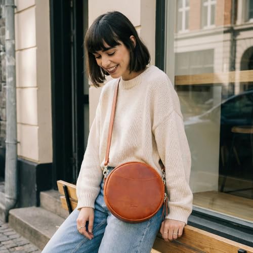 Image of S-ZONE Leather Crossbody Bags for Women Circle Shoulder Round Purse Travel