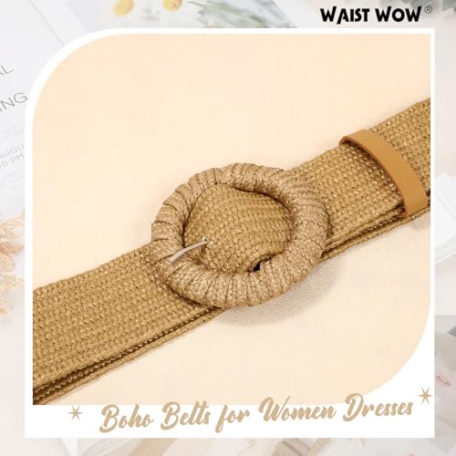 Image of Straw Woven Elastic Belt for Women Stretchy Belts for Dress Fashion Boho Waist Belt Rattan Raffia Ladies Belts