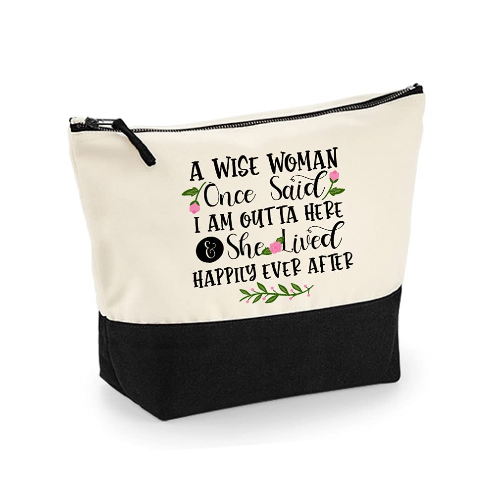 A wise woman once said I'm out of here funny Present for colleagues, Friends, Coworker, Office Leaving gifts for her, women, Travel Bag, Makeup Bag, Canvas Accessory Bag. (Natural Black, M)