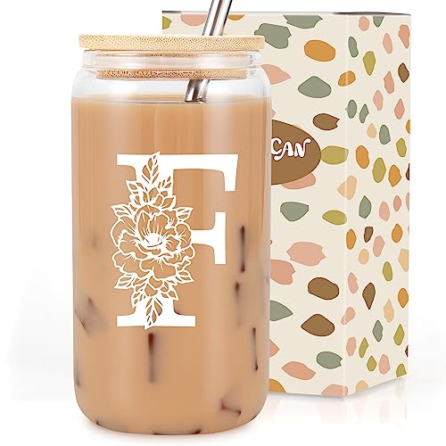Image of Coolife Initial Glass Cup, Monogrammed Gifts for Women, 16 oz Tumbler w /Lid | Iced Coffee Smoothie Beer Tumbler w /Straw Lid - Personalized Christmas, Birthday Gifts for Woman Her Mom Friend