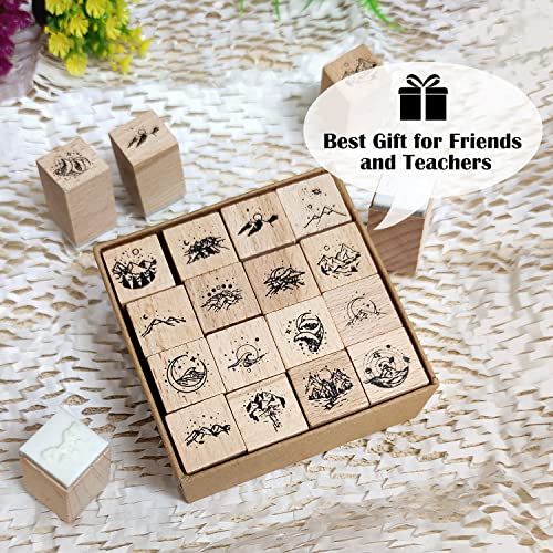 Vtapliea 16Pcs Wood Rubber Stamps Set Mountain & Planet Decorative Rubber Stamp For Diy Craft, Card Making, Scrapbook, Diary, Letter, Birthday Cards #TOP6
