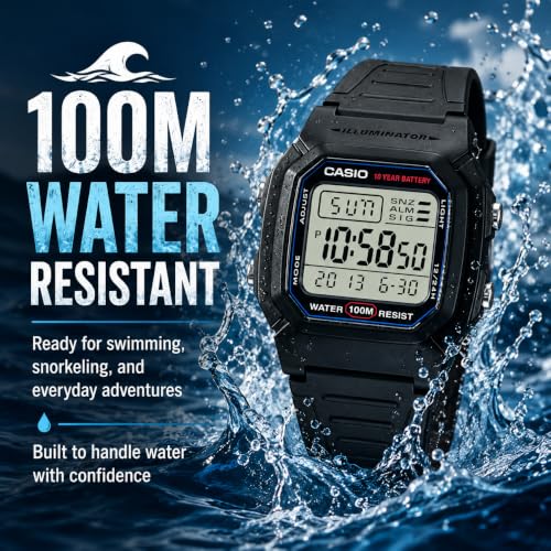 Casio W800H Series | Unisex Digital Watch | Black | 100 Meter Water Resistance | LED Backlight | 1/100 SEC Stopwatch | Dual Time | Multi-Function Alarm | Full Auto Calendar | 10 Year Battery - image 3