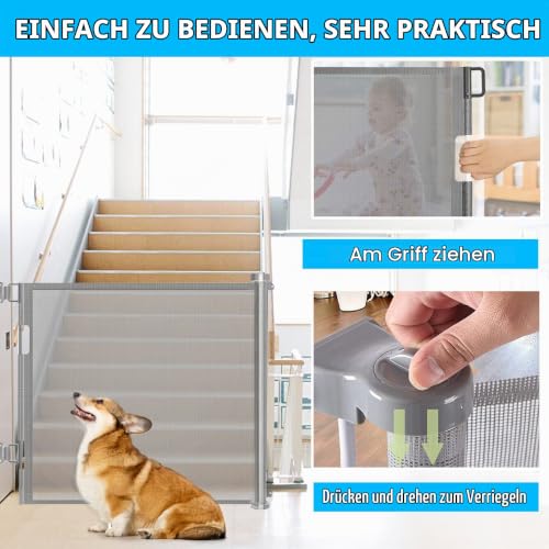 Einziehbares Babygitter für Treppen, Türschutzgitter Mit Schloss, Erweiterbar auf bis zu 150 cm breites Hundegitter für Treppen, Türen, Flure, drinnen und draußen