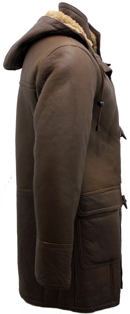 Infinity Herren Braun Schaffell-Leder abnehmbarer Kapuze Dufflecoat XL