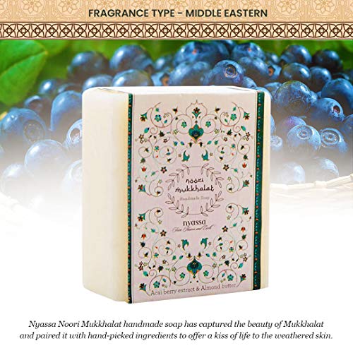 Image of Nyassa Noori Mukkhalat Handmade Soap 150 gm with a Middle Eastern fragrance and with natural ingredients like vitamin-rich acai berry extracts and almond butter.