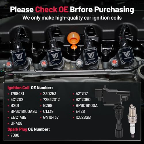 Image of BDFHYK 2 Ignition Coil Pack UF408 and 4 Iridium Spark Plug 7090 Compatible with Mazda 2001-2005 Miata 1.8L l4 Coil for 5C1202 72932012 9212060 C1339 E428 EBC1495 GN10437