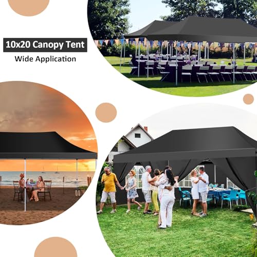 Image of COBIZI 10x20 Pop Up Canopy with 6 Sidewalls, Conical Canopy Tents for Parties, Backyard, Commercial, Waterproof Event Tent Instant Shelter UV50+ Outdoor Gazebo with 4 Sandbags (Peak Drainage)