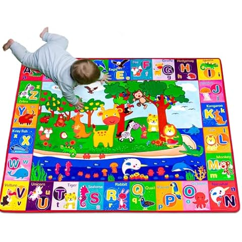 teytoy Baby Floor Mat, Large Play Mats for Floor Cotton Playmat Baby Mats for Toddlers Crawling Super Soft Thick (0.6cm), Foldable Non-Slip Children Carpet Kids Rug for Learning Animals ABC Cover