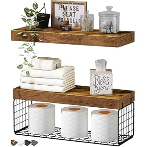 QEEIG Bathroom Shelves Over Toilet – Wall Mounted Floating Shelves Toilet Paper Storage Small Farmhouse Decor Shelf 16 inch Set of 2, Rustic Brown (019-BN2)