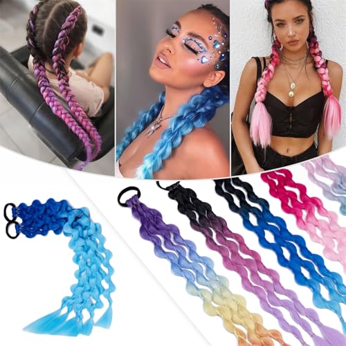 Hairro Colored Braids Hair Extensions with Rubber Bands, Rainbow Braided Synthetic Hairpieces Ponytail for Women Halloween Christmas Rave Party Highlights Cosplay 24 Inch 6pcs/Pack