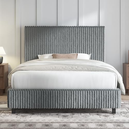 Image of AMERLIFE Twin Bed Frame, Grey | Upholstered, Metal Platform Bed