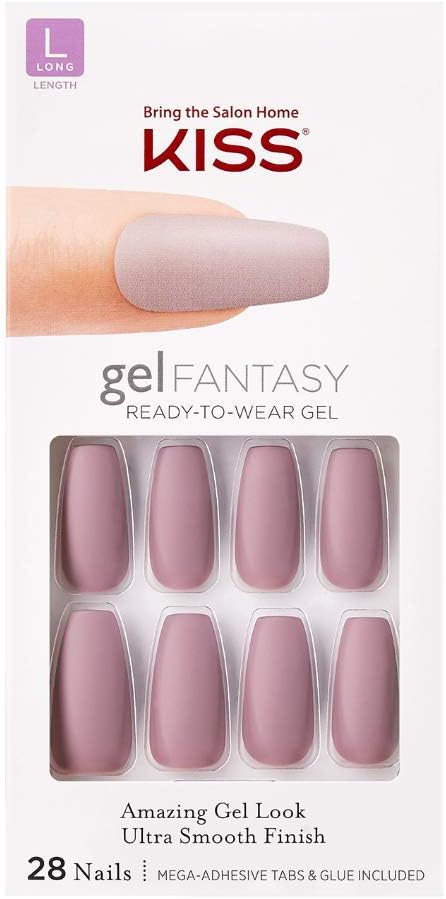 Gel Fantasy Ready-to-Wear Press-On Gel Nails, “Stick Together”, Long, Dark Pink, Nail Kit with 24 Mega Adhesive Tabs, Pink Gel Glue, Manicure Stick, Mini File, and 28 Fake Nails