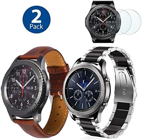(2 Pack) F.R Bands Compatible Gear S3 Frontier & Classic and Galaxy Watch 46mm, Stainless Steel + Genuine Leather 22mm Strap Replacement Wristband Compatible With Gear S3, 2x Screen Protector As Bonus
