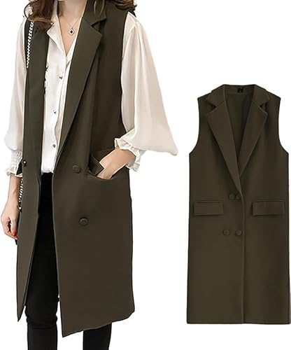 [TUTUJI] ジレ レディース 春夏 テーラードベスト ロングベスト ロングジレ ノースリーブ オシャレ 春 秋 前開き おしゃれ ジレベスト 大きいサイズ トップス 着回し シンプル カジュアル レイヤード 無地 通勤 オフィス 重ね着 30代 40代 50代 (M, green)のサムネイル