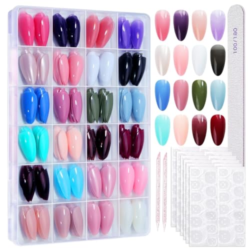 576Pcs Almond Press on Nails Medium Fake Nails 24 Solid Color Design Nails Press Ons Glossy Acrylic Artificial False Nails Tips for Women Girls Nail Art Manicure