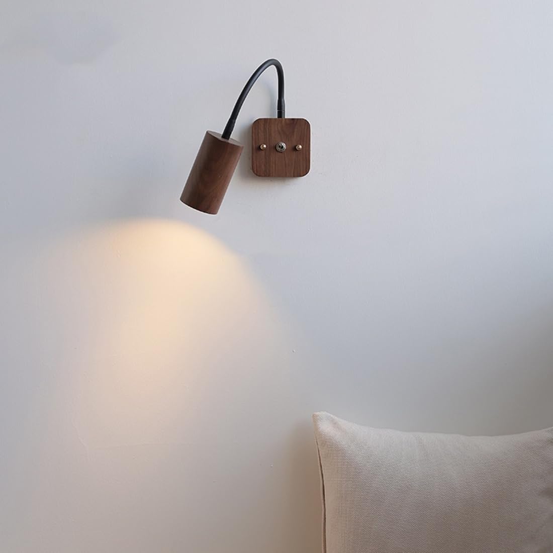 Lampada da Comodino in Legno con Tubo Nero, Applique a LED dal Design Vintage, Rotonda, in Legno di Noce, per Interni, Soggiorno, Camera da Letto.