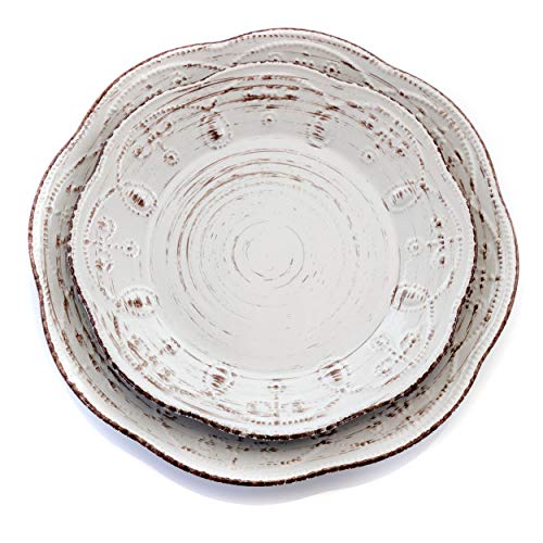 Elama EL-RUSTICBIRCH Rustic Birch 16 Piece Embossed Scalloped Stoneware Round Dinnerware Set In White thumb #2