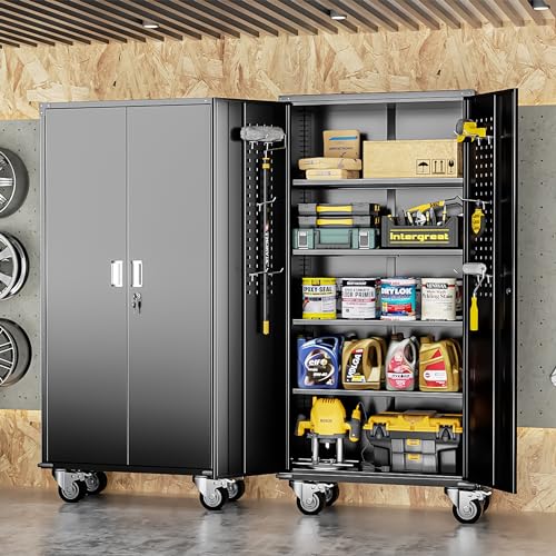 Image of INTERGREAT Rolling Metal Cabinet with Wheels, 72 inch Locking Storage Cabinet with Adjustable Shelves, Large Capacity Pulley Cabinets for Home Office, School, Warehouse(Black)