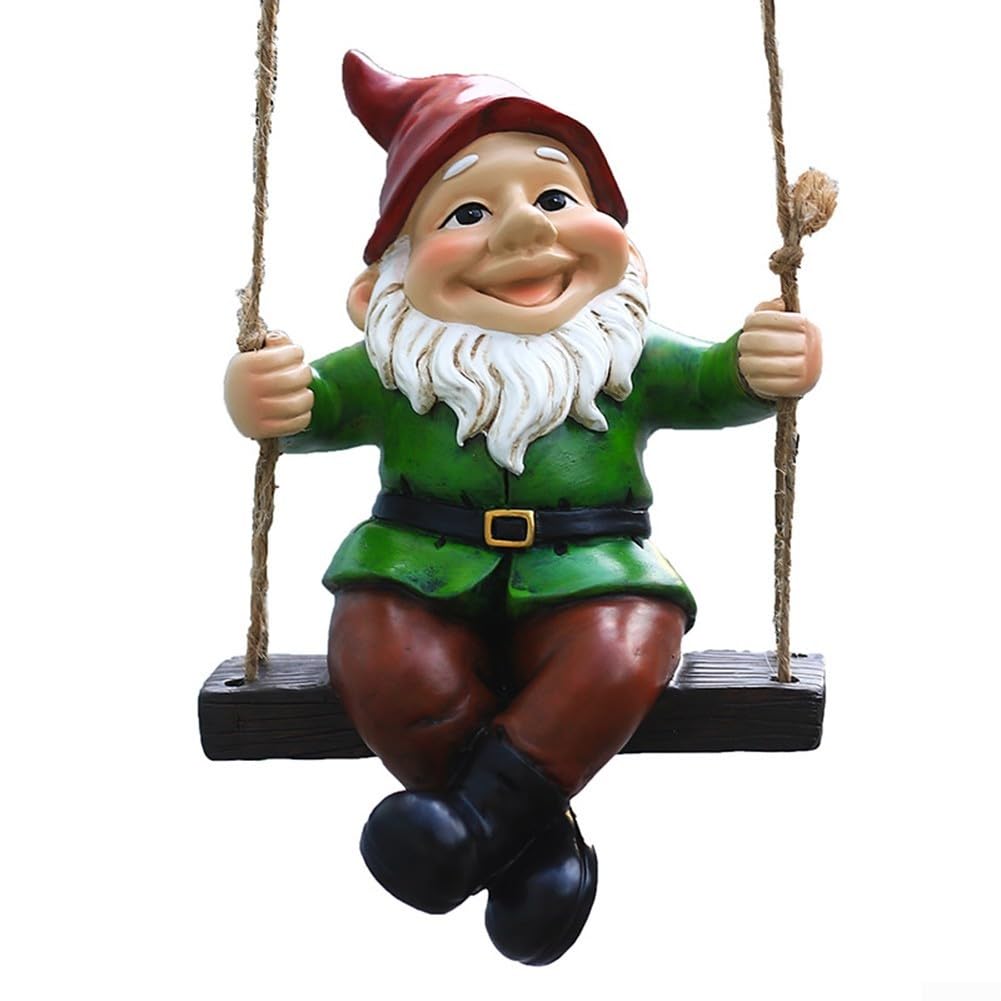 Playful Dwarf Statue on Swing Funny Garden Gnome Figurine Realistic Details Resin Crafts for Balcony Decking 17.5x15x25cm