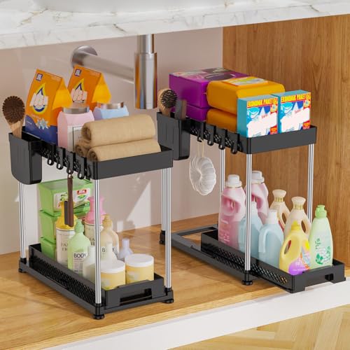 Vihoom 2 Paquete Organizador Bajo Fregadero, Estantería Bajo Fregadero 2 Niveles con 2 Cestas Colgantes y 8 Ganchos, Organizador Bajo Fregadero Extraible para Cocina, Baño y Encimera (Negro)