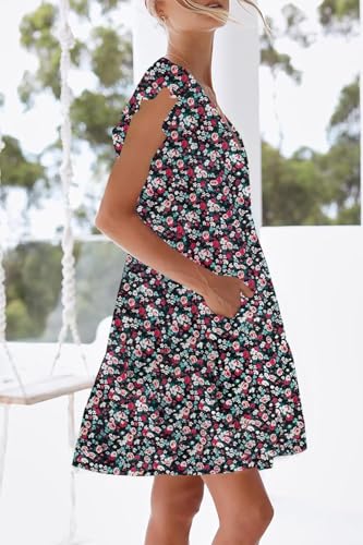 Image of nclook Womens Summer Casual Dresses Sweet Cute V Neck Mini Dress with Pockets Ruffle Short Sleeve