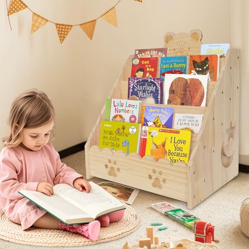 Image of Stranthother 5 Tier Wooden Bear Bookshelf for Nursery Classroom Book Shelf for Kids Rooms Montessori Bookshelves Book Display Organizer for Bedroom,Playroom,Nursery Kids Furniture