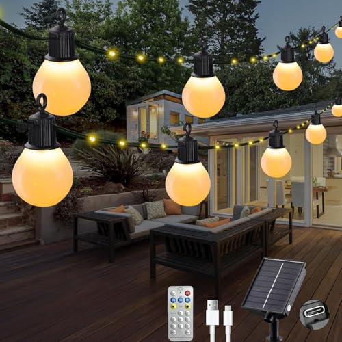 Litark Catena Luminosa Esterno Solari con 20 G40 Lampadine, 10M 100 LED Luci Esterno Solari con Telecomando, Impermeabile, 8 Modi, Decorative Per Giardino, Patio (Bianco Caldo)