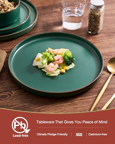 Image of Famiware Nebula Ridge Stoneware Dinnerware Sets, Plates and Bowls Sets for 4, 12 Pieces Dishes Set, Microwave and Dishwasher Safe Kitchen Plates, Dark Green