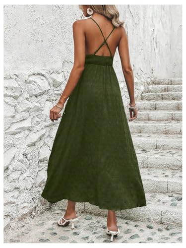 Image of Milumia Women's Summer V Neck Backless Maxi Dress Boho Spaghetti Strap A Line Flowy Beach Long Sundress