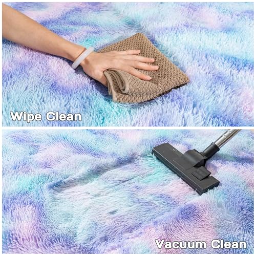 Fluffy Tie-dye Blue Circle Rug - 4FT Super Soft Plush Shaggy Carpet for Kids' Room
