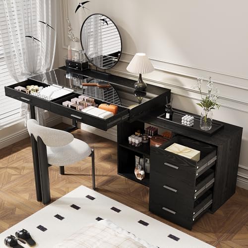 FUNISIR Reversible Computer Desk, L Shaped Office Table with Glass Top & Drawers, 51.2' Writing Work Study Table with Adjustable Shelf, Modern Wood Grain Corner Desk for Home Office, Black