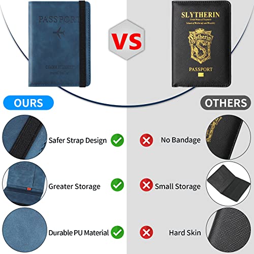 Image of Passport Holder Passport Cover with RFID Blocking Protector Travel Wallet Organiser for Men Women PU Leather Document Holder Credit Cards Boarding Ticket (Blue), Blue