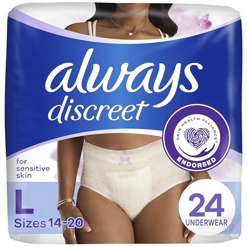 Image of Always Discreet for Sensitive Skin Underwear, Four Times Skin Protection, Dermatologically Tested, Fragrance-Free, Maximum Absorbency, Large, 24 Count