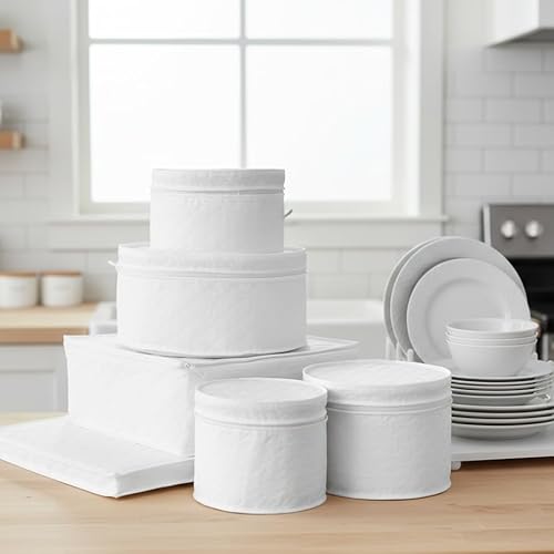 LAMINET 6 Piece Quilted Dinnerware Storage Starter Set - Includes 4 Plate Cases, 1 Cup Case & Platter Case - WHITE