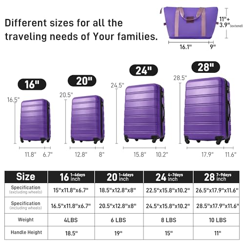 Travel Light with 4-Piece Hardshell Luggage Set, Durable and Expandable, 16" 20" 24" 28" with Travel Bag, Purple2