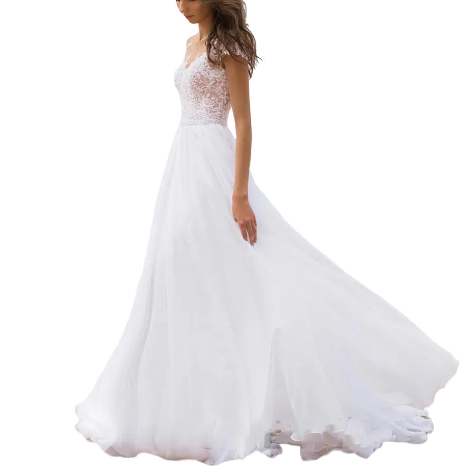 TEidea Vestito Donna Elegante Abito in Pizzo Senza Schienale Abito da Festa: Abito da Sposa Bianco con Maniche Corte E Back-Up