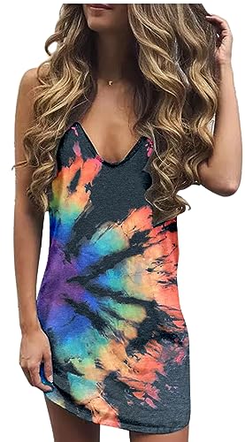 Image of Live Simple Coconut Tree Sleeveless Mini Dress Summer Beach Mini Dress Women's Summer Casual Sexy V Neck Mini Tank Dress