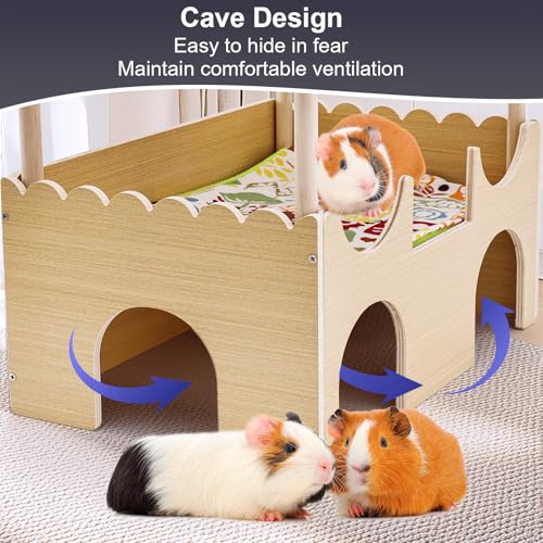 Guinea Pig Castle,Large Wooden Guinea Pig Hideout with Stairs,2 Tierd Small Animal Bed, Easy to Install for Hamsters Chinchillas Bunny Playing Hiding