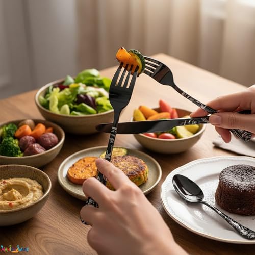 Image of Floral Black 10 Pcs Stainless Steel Cutlery Set for Dining Table, Dishwasher Safe Glossy Flatware (2 Spoon Set+2 Forks Set+2 Butter Knife+2 Dessert Spoon+ 2 FruitFork)