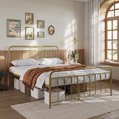 Metal Platform Bed Frame, Noise Free Non Slip Mattress-Foundation Modern Bedframe With Headboard And Footboard, Heavy Duty Steel Slats Support With Large Storage Space Bed Base (Gold, Queen) #TOP2