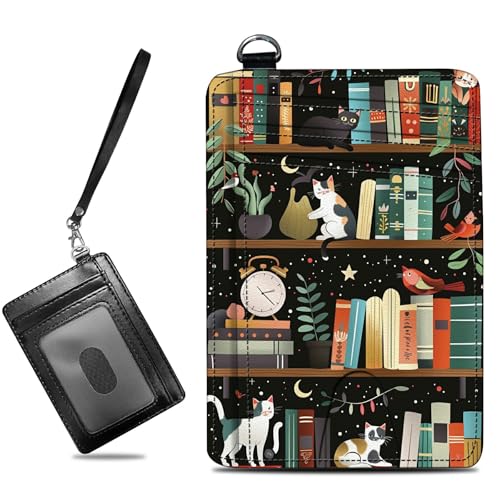 Image of Small Travel Wallets, Cats Library Slim Minimalist Front Pocket Wallet with Wristlet, RFID Blocking PU Leather Credit Card Holder with ID Window Change Purse for Men Women