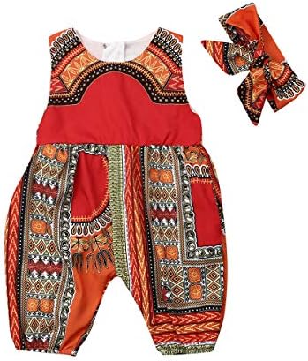 Baby Girls African Dashiki Print One-Piece Rompers Jumpsuit Headband Toddler Outfit(1-2 Years,Red)