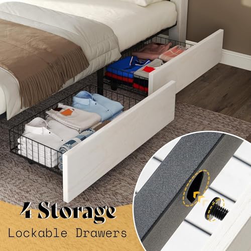 Image of AMERLIFE 3 Piece Bedroom Set, Including Farmhouse Queen Size Bed Frame with 4 Drawers, Nightstands Set of 2 with Charging Station for Bedroom, White