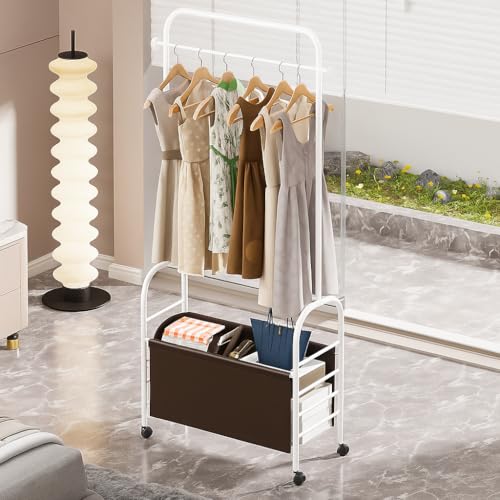Image of Lukzer | MGR-009 | White | Metal Clothes Rail Stand with 360 Rotating Wheels & Leather Storage Bin - 4 Hook Metal Garment Rack Organizer for Closet, Laundry Room, Bedroom & Dorm | 171 x 75 x 35 cm