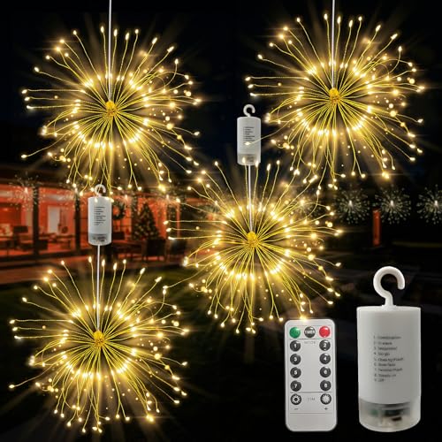 Lichterkette Feuerwerk mit 10 Helligkeitsstufen & 8 Modi: 120 LEDs Lichterkette Flexiblem Biegedraht Formbar Wasserdicht IP65 Fernbedienung Timer für Fensterdeko Balkon Schlafzimmer-4 Stück