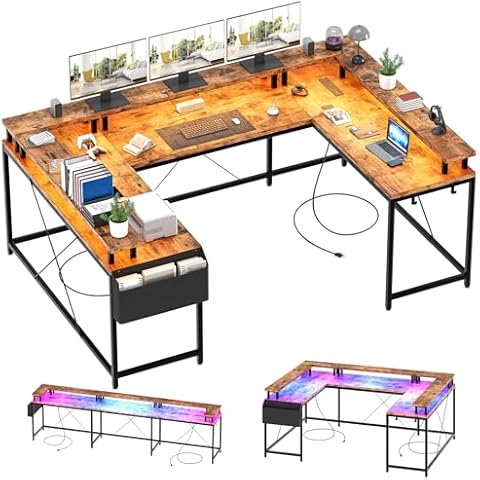 Jojoka U Shaped Computer Gaming Desk, Reversible L Shaped Desk with Power Outlets, LED Strip & Monitor Stand, Large Corner Desk with Storage Shelves for Home Office, Rustic Brown Cover