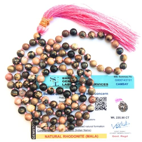 Image of Apnisanskriti Premium Rhodonite Stone Mala for Men and Women (6mm, AAA Quality, Lab Certified, 108+1) - Natural Stone Beads Mala - Pink & Black Veins Colour - Pack of 1